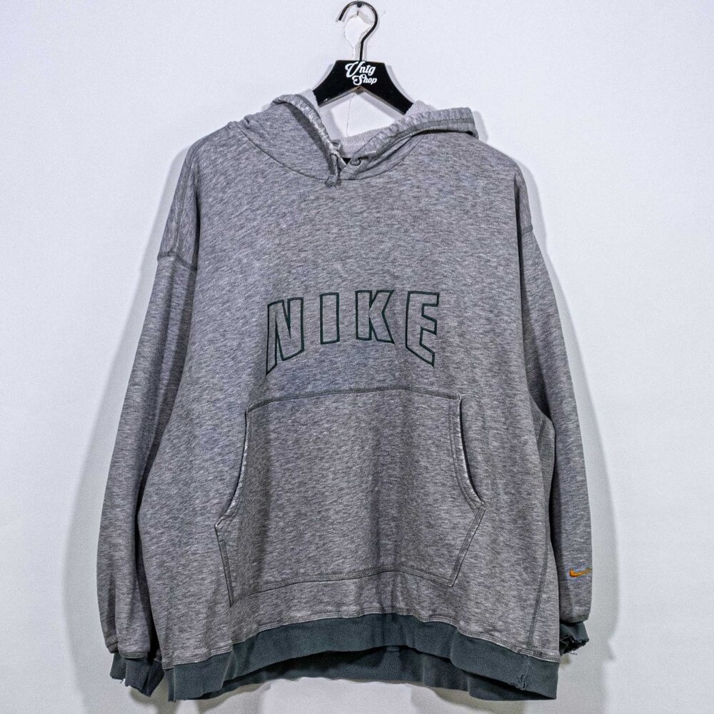 Vintage Nike Spell Out Hoodie XXL Gray 90s Sweatshirt Center Logo Baggy Boxy Fit